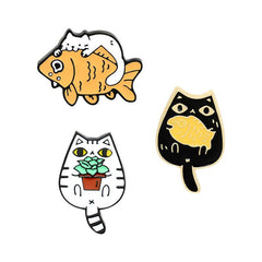 Casual Cat Eating Fish Enamel Pins for Backpacks Anime Cartoon Pins