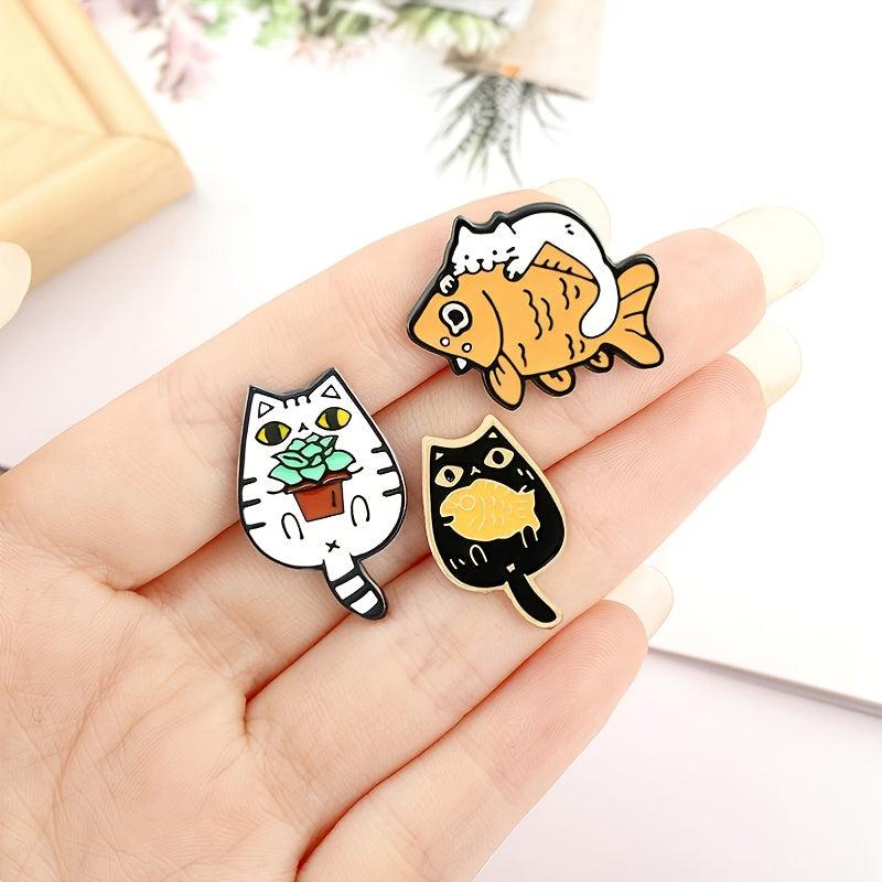 Casual Cat Eating Fish Enamel Pins for Backpacks Anime Cartoon Pins