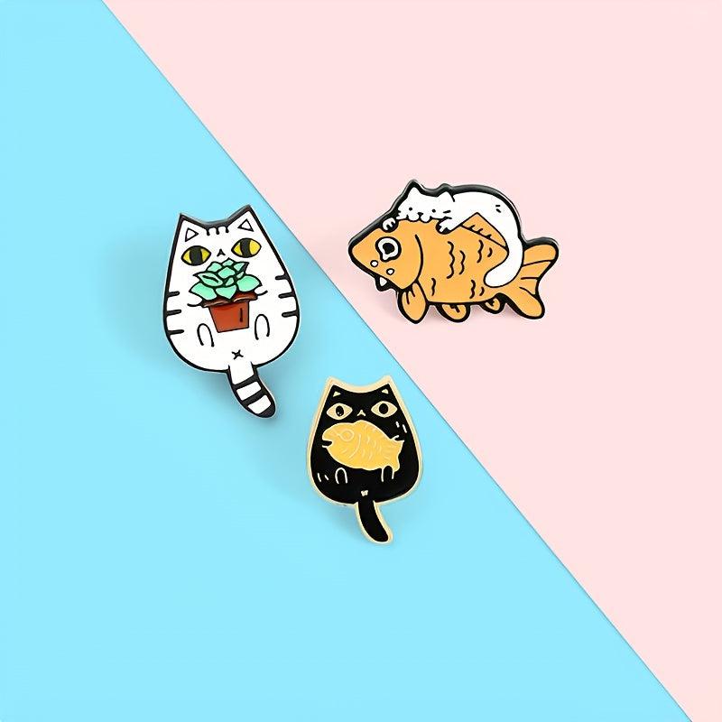 Casual Cat Eating Fish Enamel Pins for Backpacks Anime Cartoon Pins