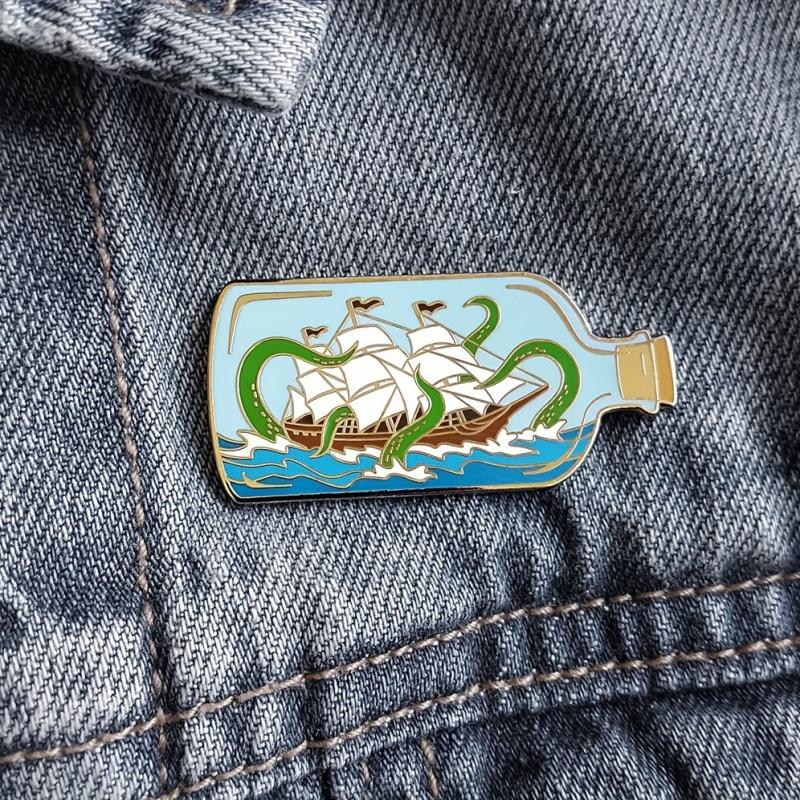 Sea Monster Enamel Lapel Pin in Bottle
