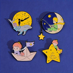 Cartoon Planet Whale Moon Boat Brooch Set
