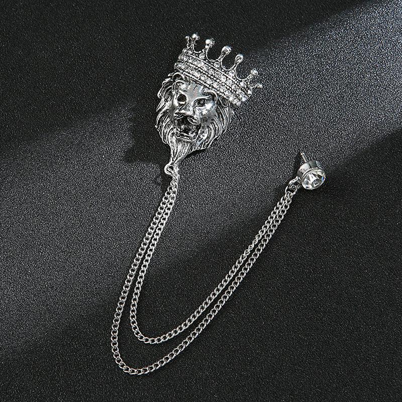 Vintage Crown Lion Head Brooch Shirt Collar Tassel Chain Lapel Pins