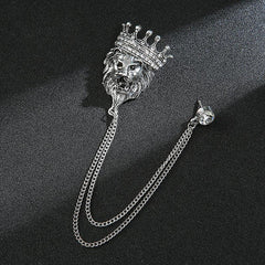 Vintage Crown Lion Head Brooch Shirt Collar Tassel Chain Lapel Pins