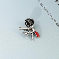 Rose Pistol Brooch Enamel Pin Oil Dripping Badge Backpack