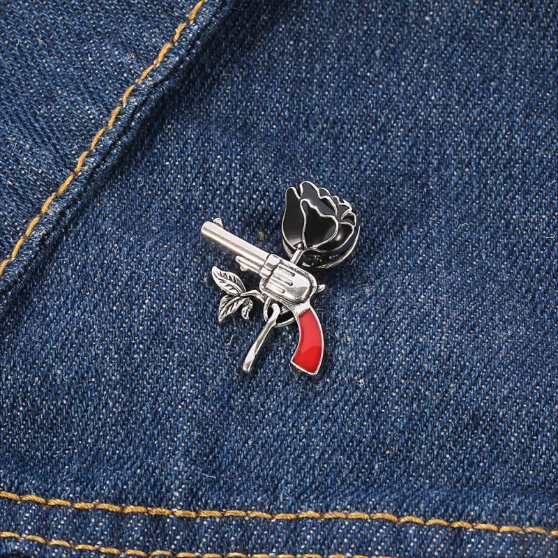 Rose Pistol Brooch Enamel Pin Oil Dripping Badge Backpack