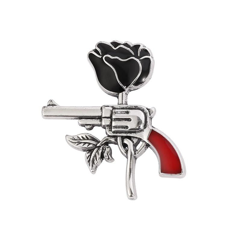 Rose Pistol Brooch Enamel Pin Oil Dripping Badge Backpack