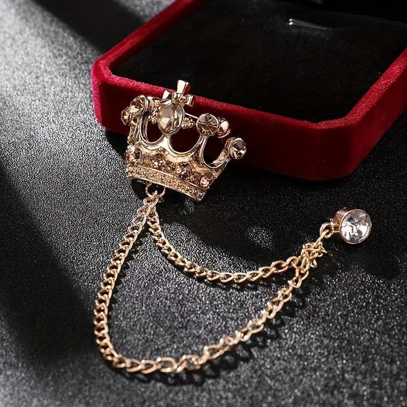 Rhinestone Crown Brooch Chain Tassel Suit Jewelry Collar Pin