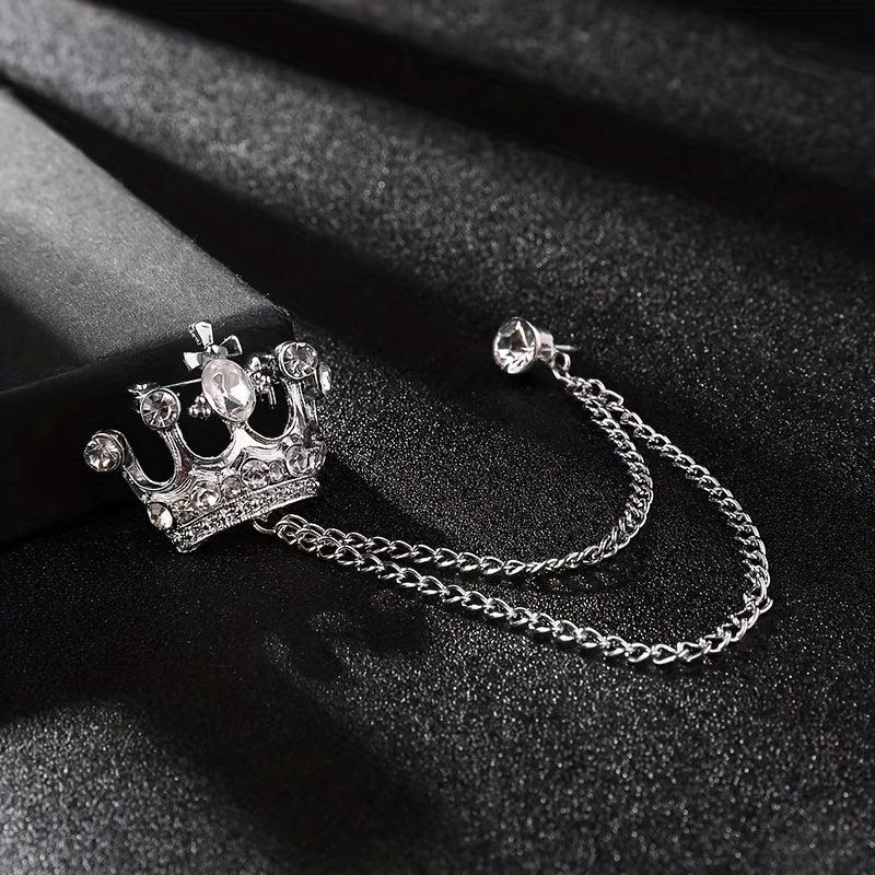 Rhinestone Crown Brooch Chain Tassel Suit Jewelry Collar Pin