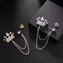 Rhinestone Crown Brooch Chain Tassel Suit Jewelry Collar Pin