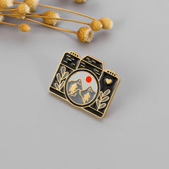 European American Camera Landscape Brooch Mountain Range Leaf Brooch