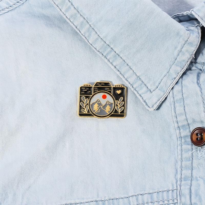 European American Camera Landscape Brooch Mountain Range Leaf Brooch