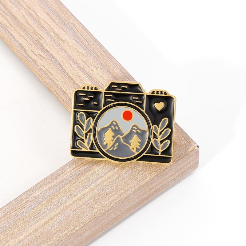 European American Camera Landscape Brooch Mountain Range Leaf Brooch