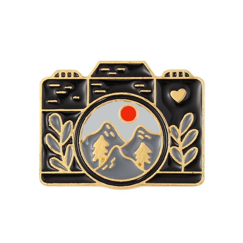 European American Camera Landscape Brooch Mountain Range Leaf Brooch