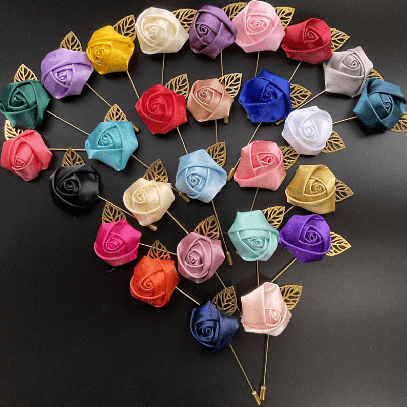 Men's Golden Leaf Rose Flower Brooch Corsage