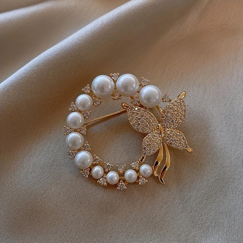 Rhinestones Faux Pearl Butterfly Brooch for Men