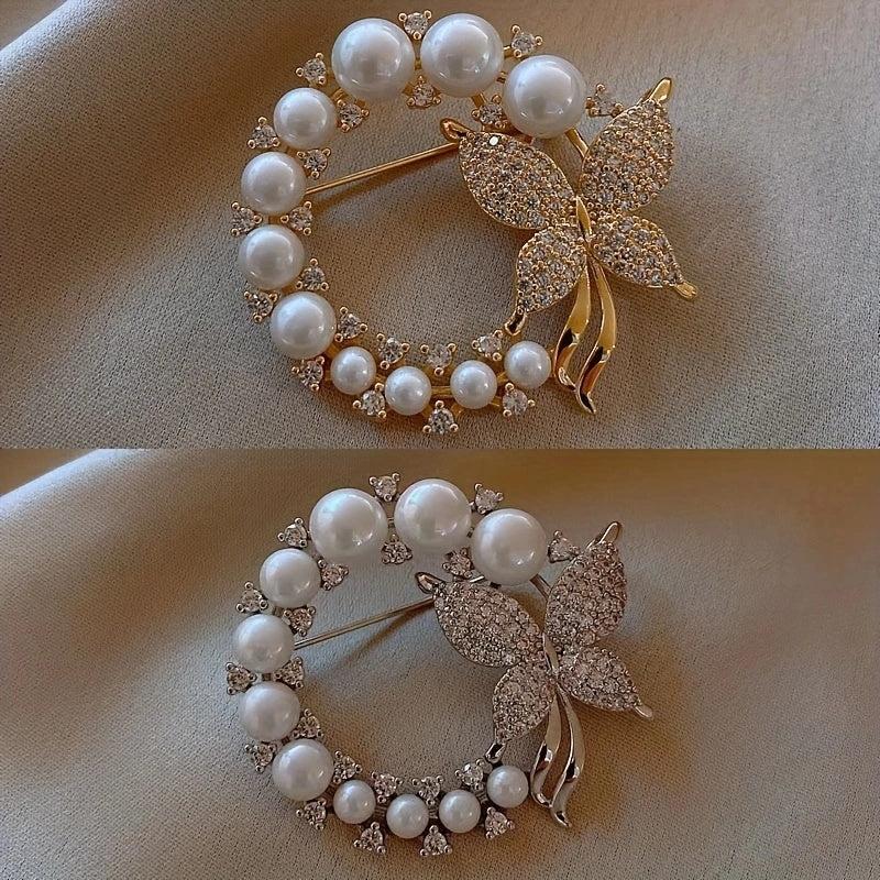 Rhinestones Faux Pearl Butterfly Brooch for Men