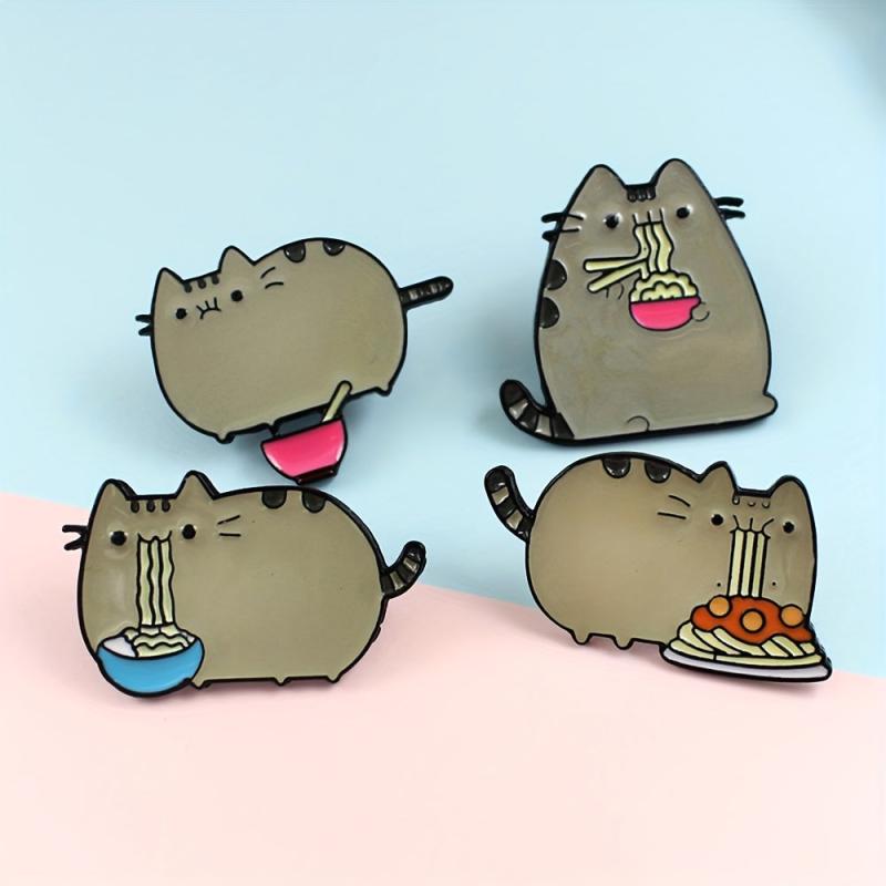 Cartoon Cat Animal Brooch Eating Noodles Cat Pins Lapel