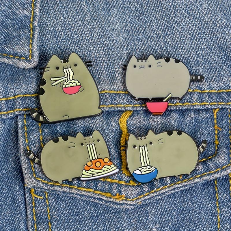 Cartoon Cat Animal Brooch Eating Noodles Cat Pins Lapel