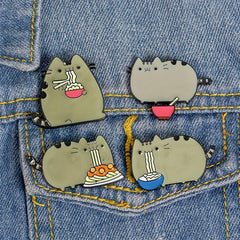 Cartoon Cat Animal Brooch Eating Noodles Cat Pins Lapel