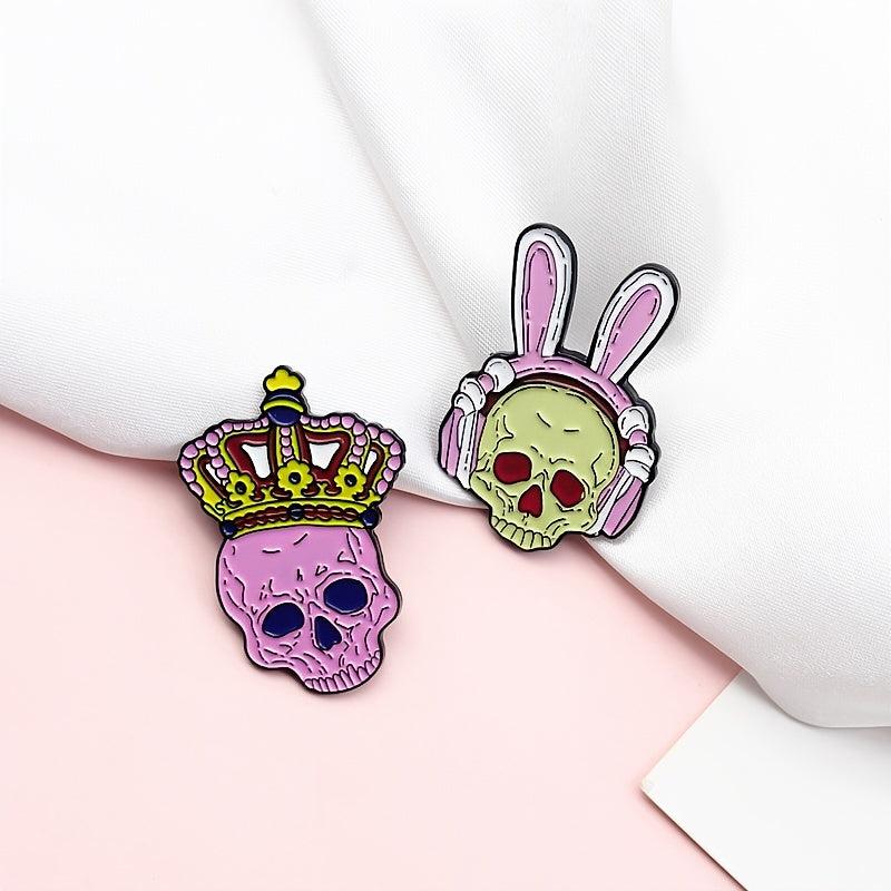 Pink Skull Rabbit Brooch with King Crown