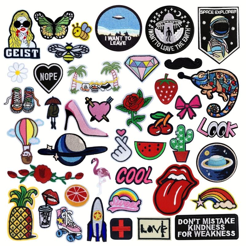 42pcs Cartoon Embroidered Iron On Patches Butterfly Planet Cloth Stickers