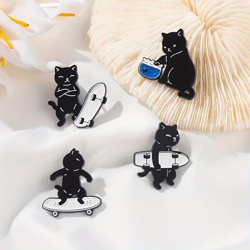 Cartoon Skateboard & Cat Brooch Silk Scarf Buckle Lapel Pin