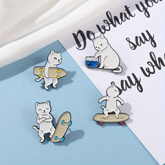 Cartoon Skateboard & Cat Brooch Silk Scarf Buckle Lapel Pin