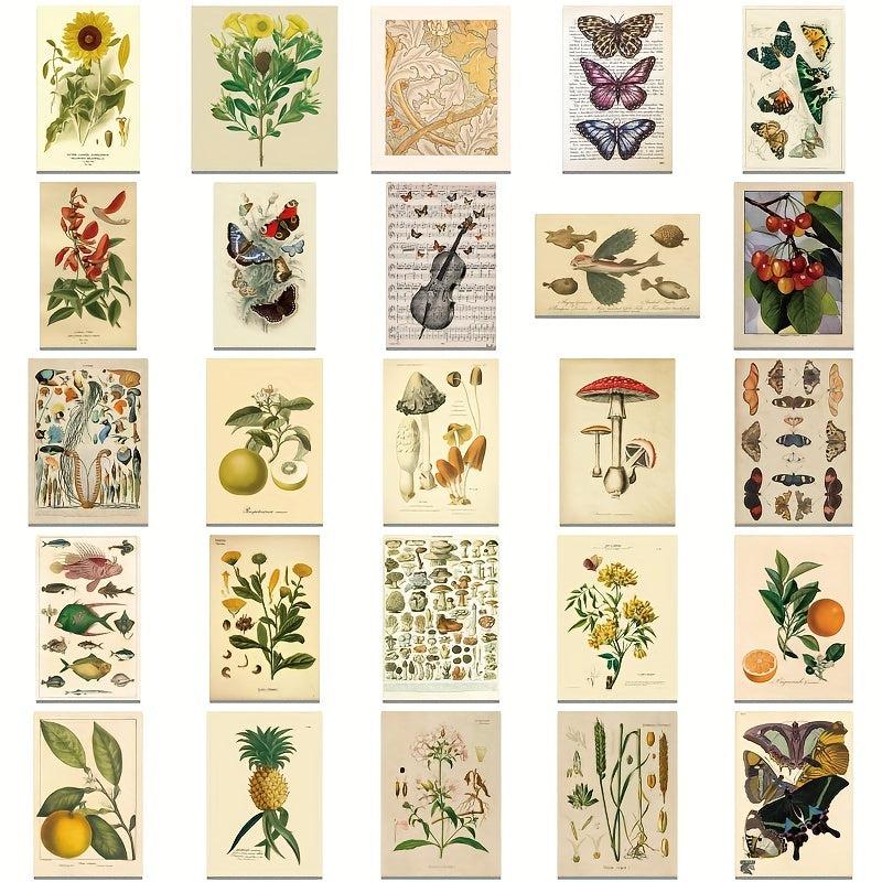 50 Pcs Vintage Plant Deco Stickers Flowers Fruits Butterflies Waterproof