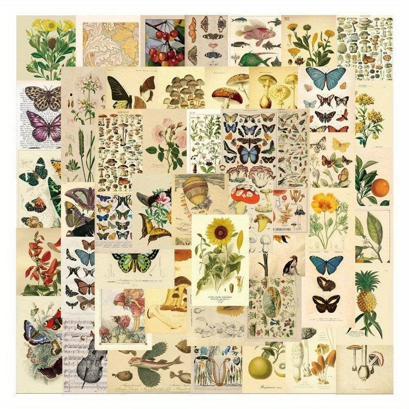 50 Pcs Vintage Plant Deco Stickers Flowers Fruits Butterflies Waterproof