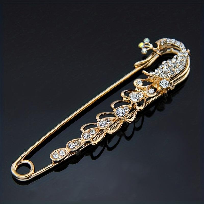 Men's Diamond Peacock Pin Brooch Golden Alloy Peacock