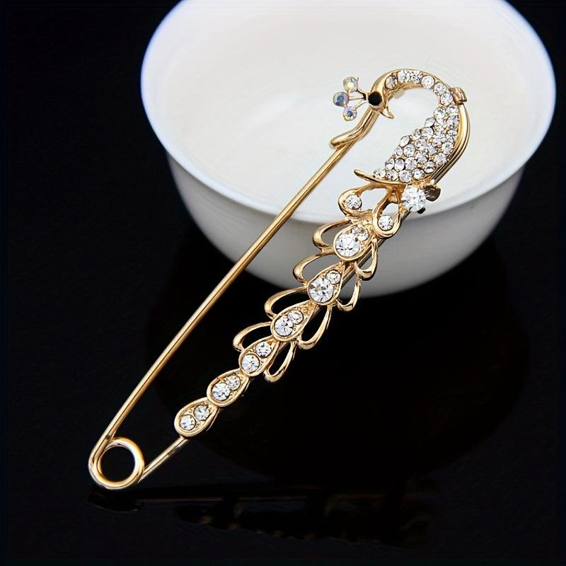 Men's Diamond Peacock Pin Brooch Golden Alloy Peacock