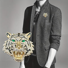 Men's Tiger Head Rhinestone Brooch