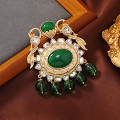 Vintage Medieval Emerald Owl Brooch Green Crystal Fringed Lion Pin