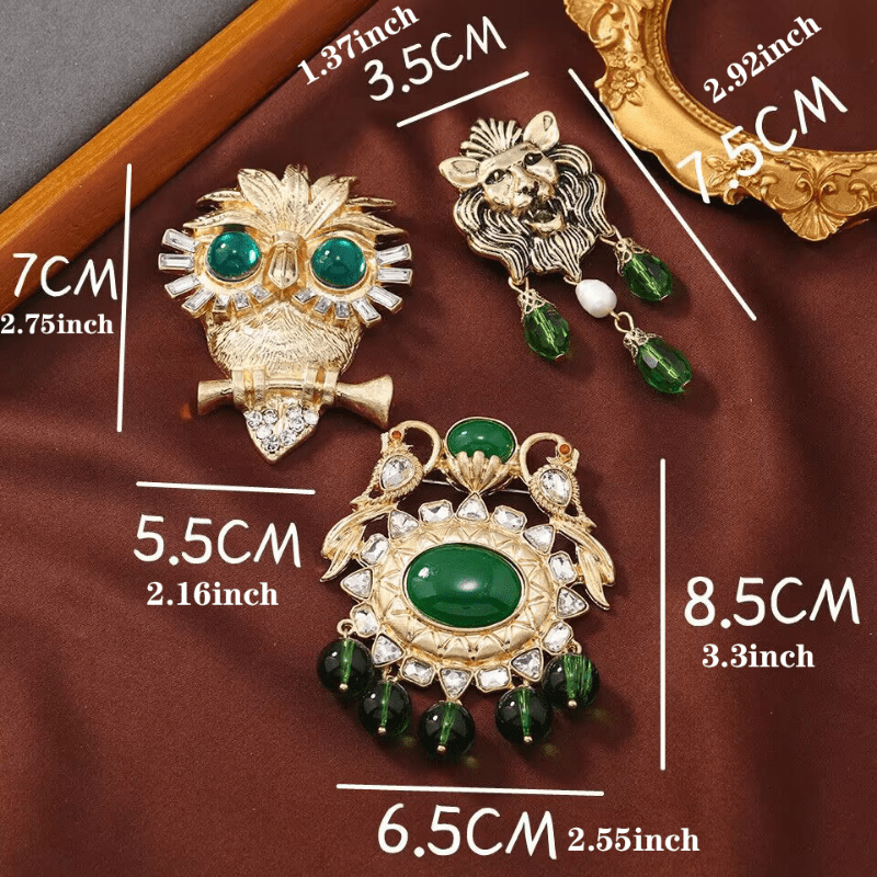 Vintage Medieval Emerald Owl Brooch Green Crystal Fringed Lion Pin
