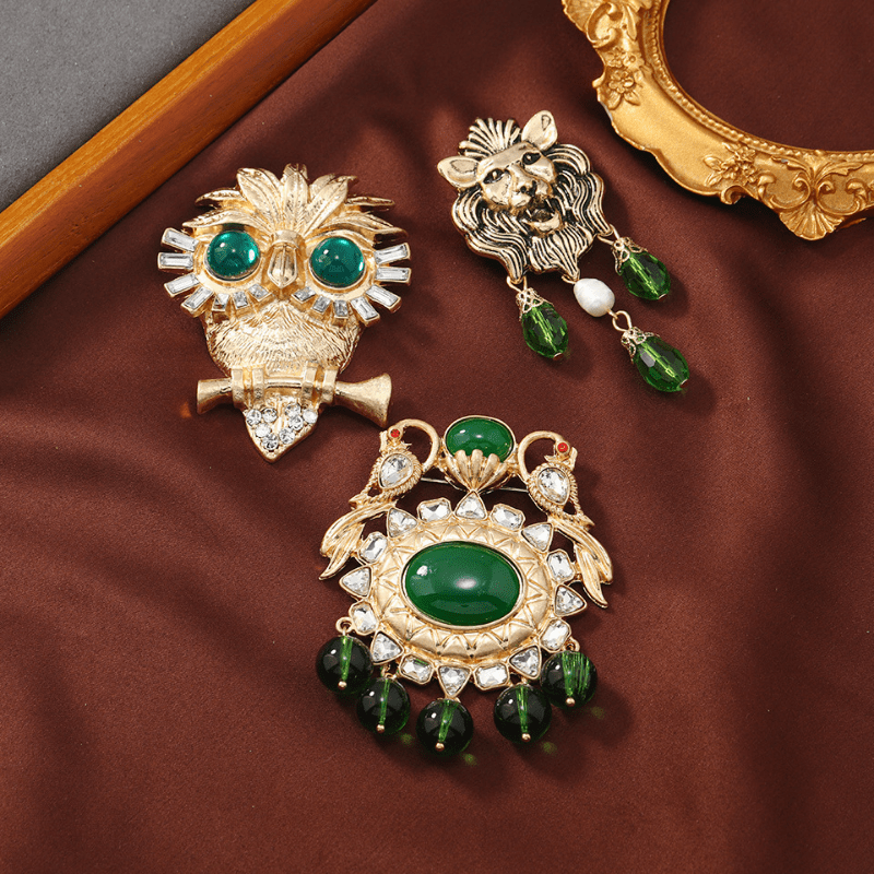Vintage Medieval Emerald Owl Brooch Green Crystal Fringed Lion Pin