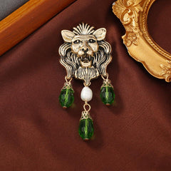 Vintage Medieval Emerald Owl Brooch Green Crystal Fringed Lion Pin