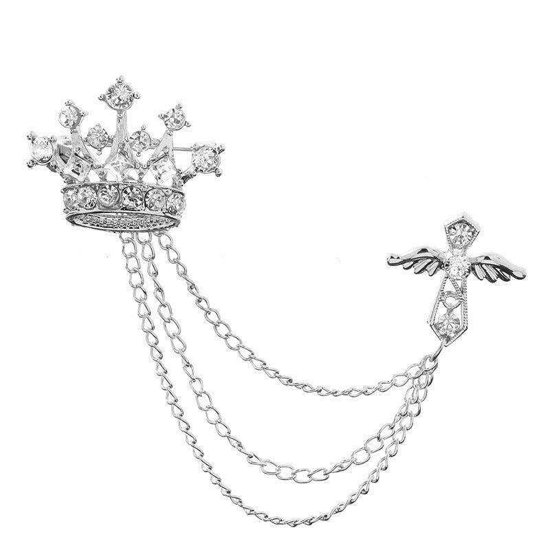 Men's Crystal Cross Crown Chain Tassel Brooch Pin