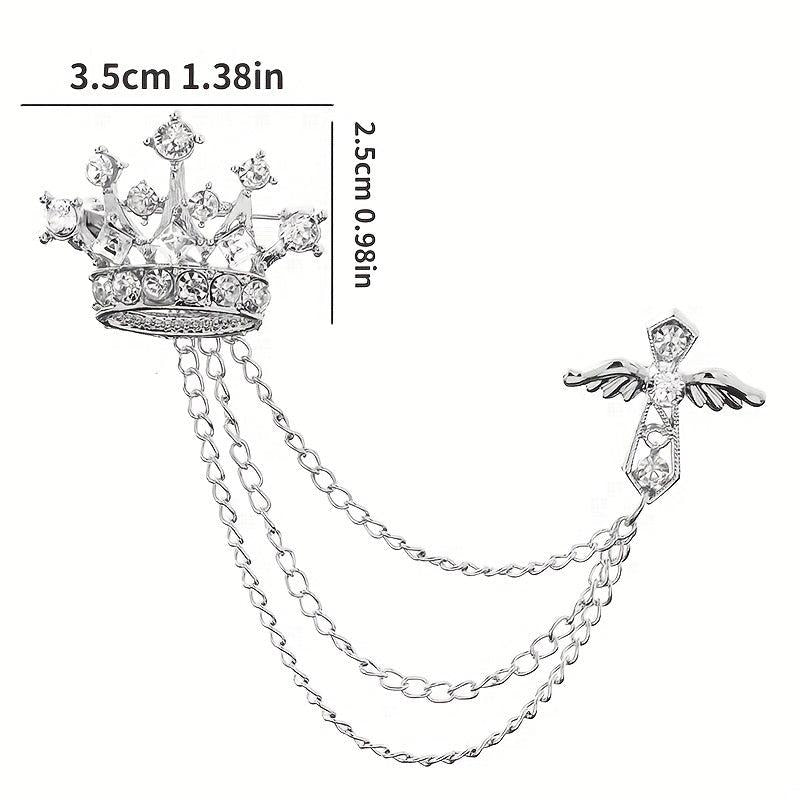 Men's Crystal Cross Crown Chain Tassel Brooch Pin