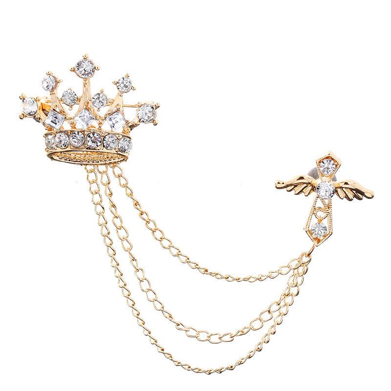 Men's Crystal Cross Crown Chain Tassel Brooch Pin