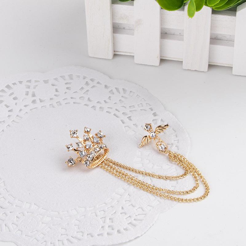 Men's Crystal Cross Crown Chain Tassel Brooch Pin