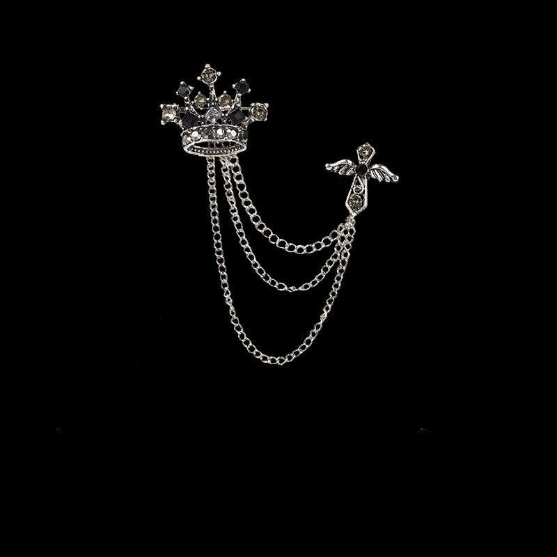 Men's Crystal Cross Crown Chain Tassel Brooch Pin