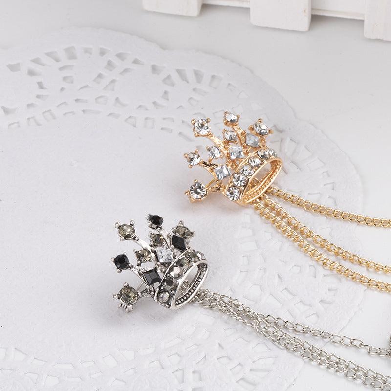 Men's Crystal Cross Crown Chain Tassel Brooch Pin