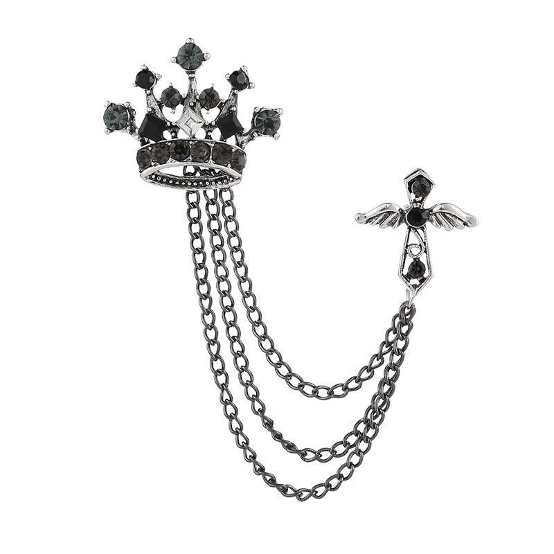 Men's Crystal Cross Crown Chain Tassel Brooch Pin