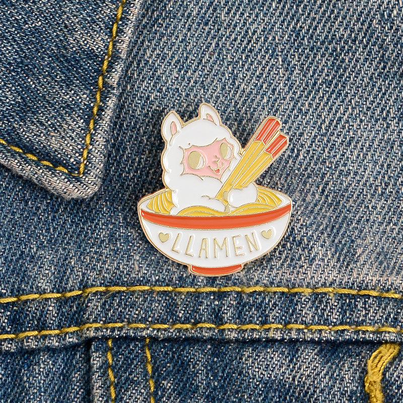 Cute Lamb Eating Ramen Brooch Pin