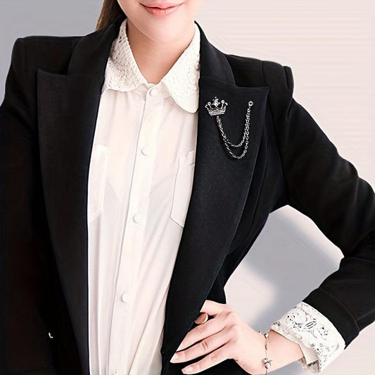 Men's Crown Brooch Rhinestone Tassel Chain Pin For Suit Shirt Backpacks Jackets