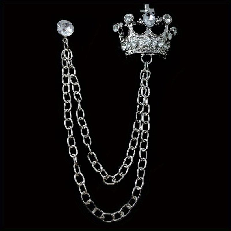 Men's Crown Brooch Rhinestone Tassel Chain Pin For Suit Shirt Backpacks Jackets