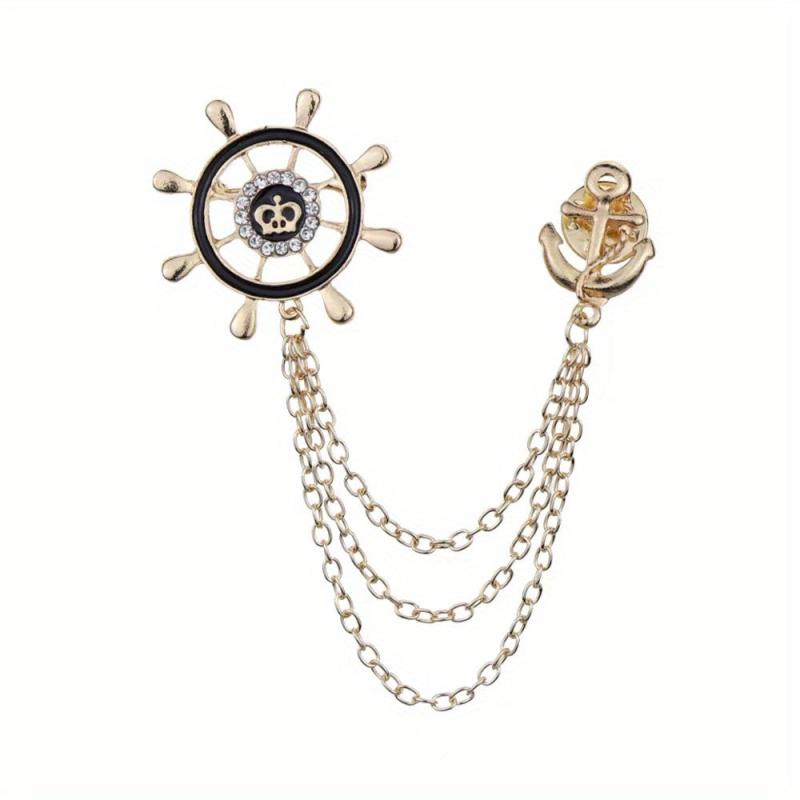 Men's Crystal Rhinestone Brooch Collar Pin Rudder Anchor Shirt Buckle