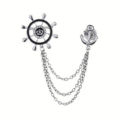 Men's Crystal Rhinestone Brooch Collar Pin Rudder Anchor Shirt Buckle