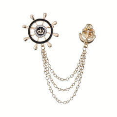 Men's Crystal Rhinestone Brooch Collar Pin Rudder Anchor Shirt Buckle