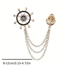 Men's Crystal Rhinestone Brooch Collar Pin Rudder Anchor Shirt Buckle